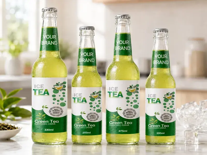 ICE TEA Green Tea flavour in 200ml, 250ml, 275ml and 330ml glass bottles.